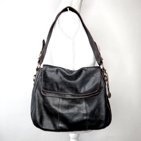 Etienne Aigner Black Leather Fold Top Shoulder Purse - Picture 1 of 8